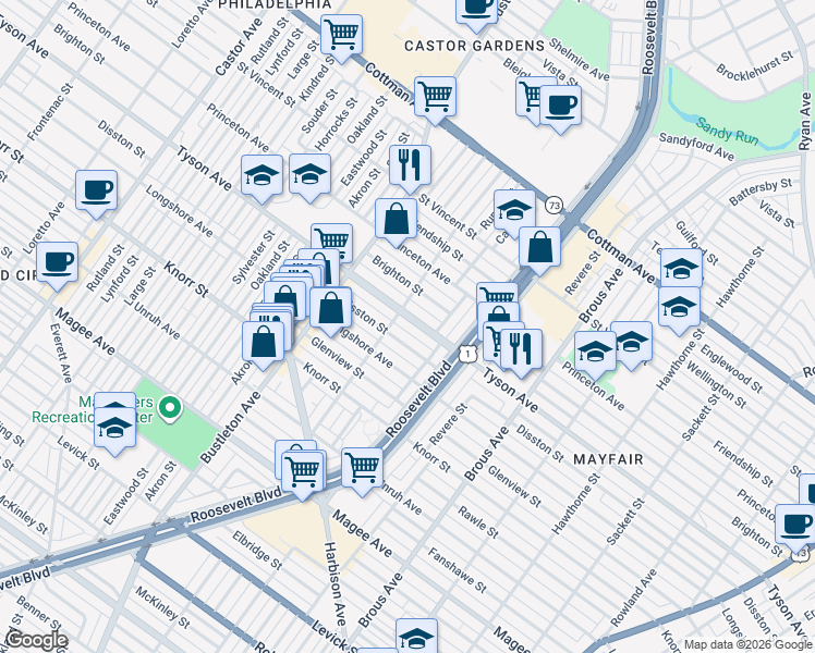 map of restaurants, bars, coffee shops, grocery stores, and more near 2200 Disston Street in Philadelphia