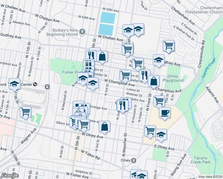 map of restaurants, bars, coffee shops, grocery stores, and more near 264 Widener Street in Philadelphia