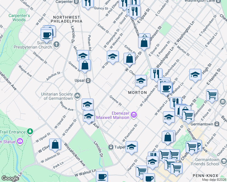 map of restaurants, bars, coffee shops, grocery stores, and more near 263 West Duval Street in Philadelphia