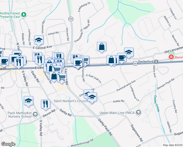 map of restaurants, bars, coffee shops, grocery stores, and more near 5 East Golf Club Lane in Paoli