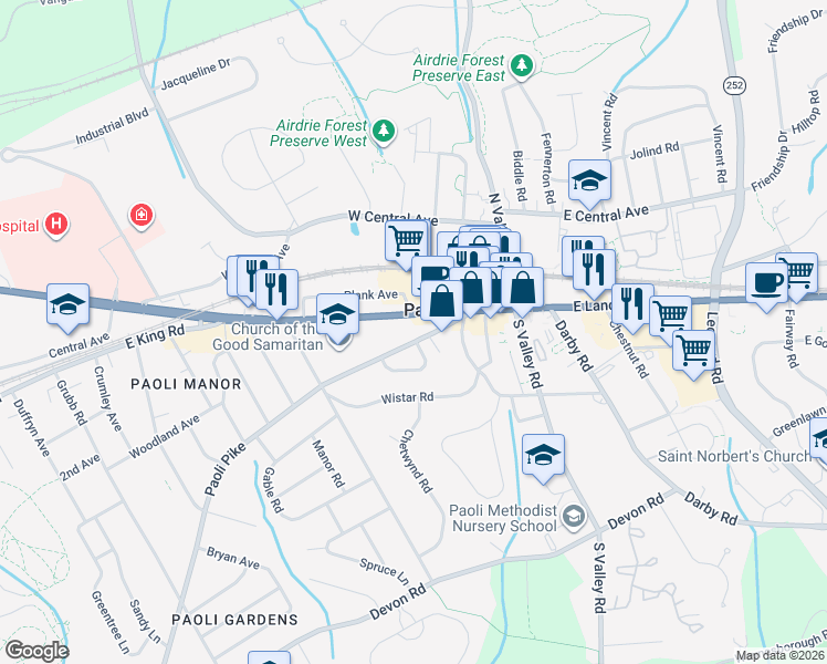 map of restaurants, bars, coffee shops, grocery stores, and more near 100 Richmond Road in Paoli