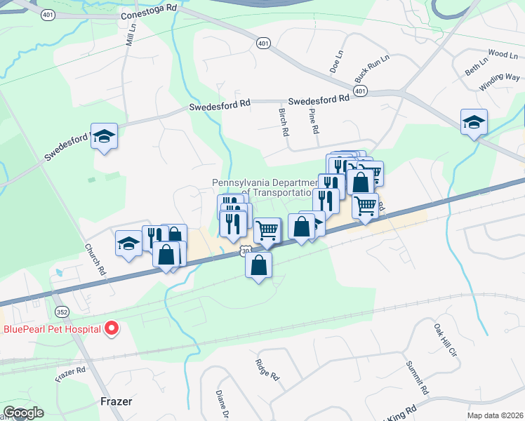 map of restaurants, bars, coffee shops, grocery stores, and more near 218 Josephs Way in Malvern