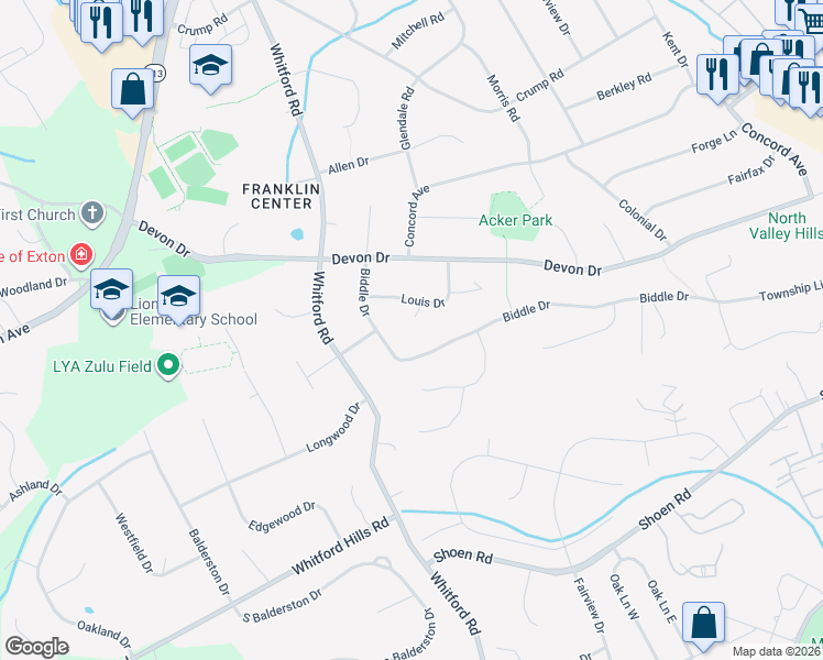 map of restaurants, bars, coffee shops, grocery stores, and more near 217 Biddle Drive in Exton