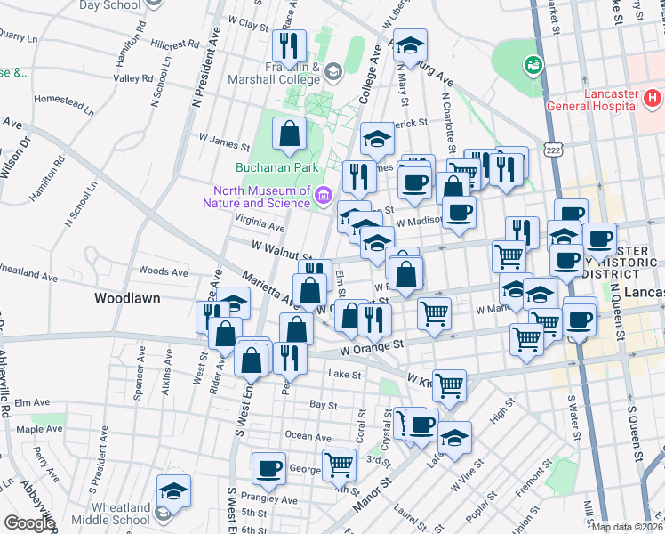 map of restaurants, bars, coffee shops, grocery stores, and more near 672 West Walnut Street in Lancaster
