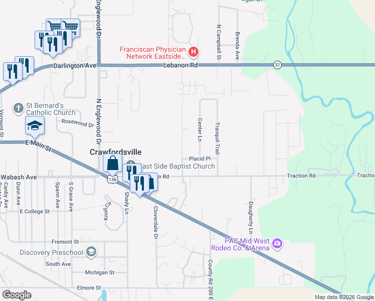 map of restaurants, bars, coffee shops, grocery stores, and more near 99 Center Lane in Crawfordsville