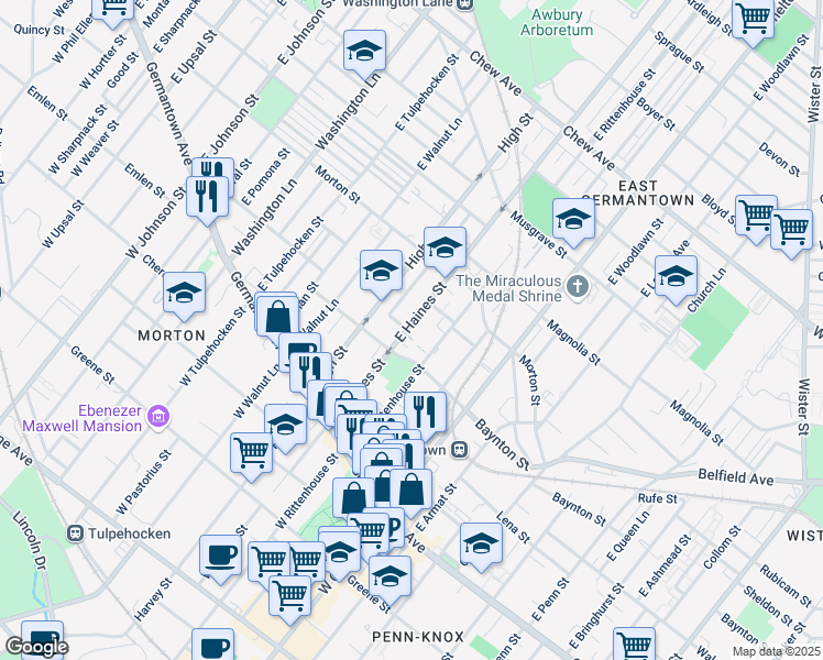 map of restaurants, bars, coffee shops, grocery stores, and more near 220 East Haines Street in Philadelphia