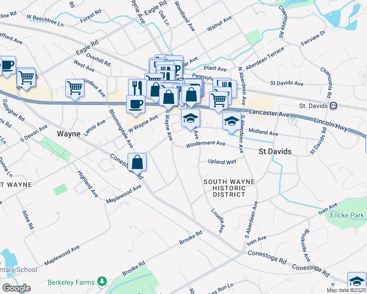 map of restaurants, bars, coffee shops, grocery stores, and more near 139 Windermere Avenue in Wayne