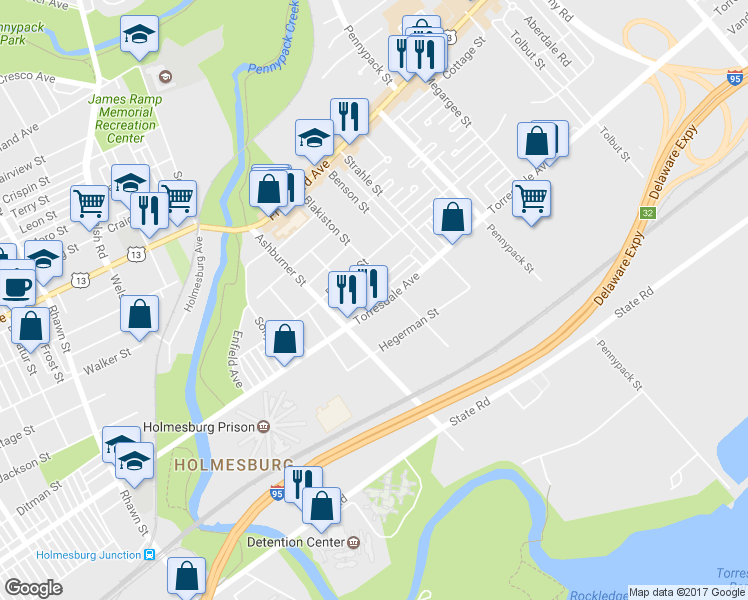 map of restaurants, bars, coffee shops, grocery stores, and more near 8430 Torresdale Avenue in Philadelphia