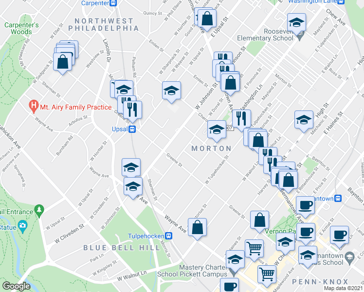 map of restaurants, bars, coffee shops, grocery stores, and more near 245 West Duval Street in Philadelphia