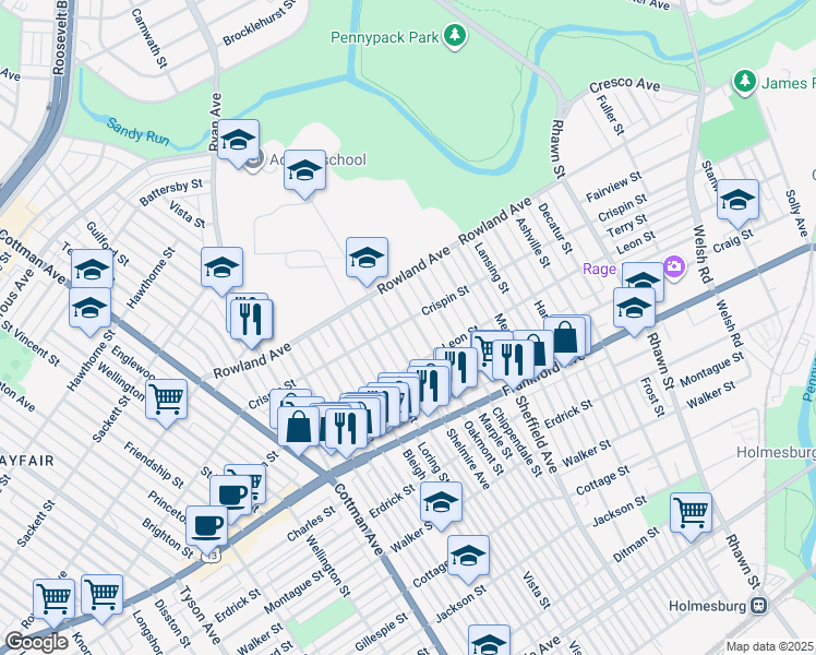 map of restaurants, bars, coffee shops, grocery stores, and more near 3402 Oakmont Street in Philadelphia