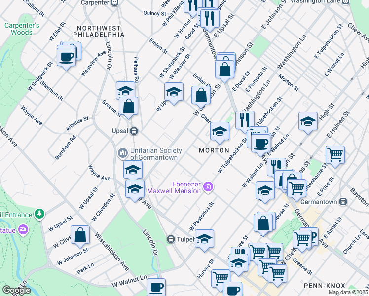 map of restaurants, bars, coffee shops, grocery stores, and more near 245 West Duval Street in Philadelphia