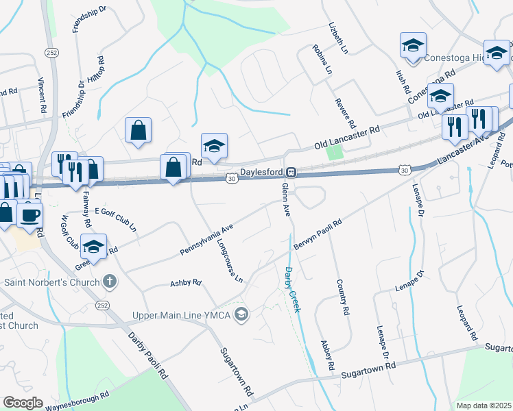 map of restaurants, bars, coffee shops, grocery stores, and more near 1421 Pennsylvania Avenue in Paoli