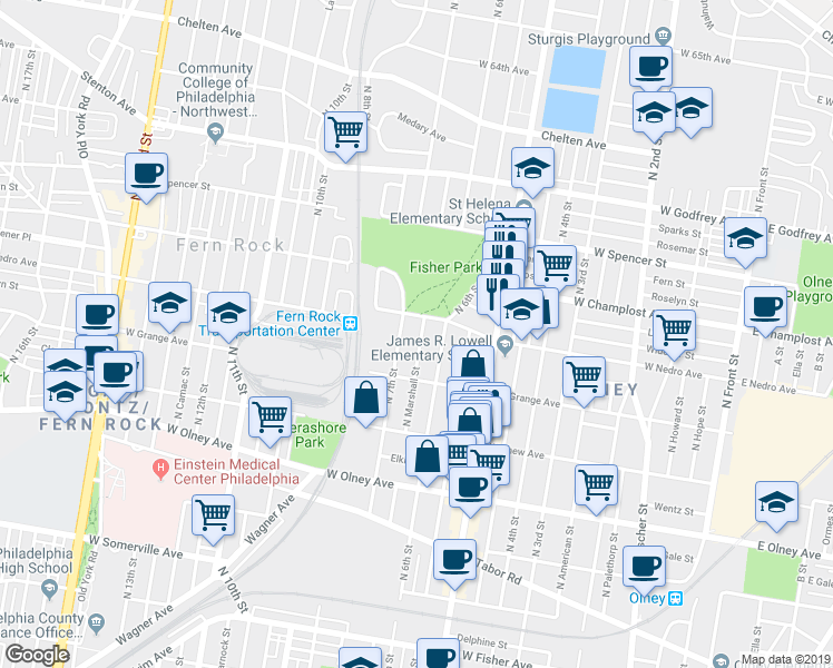 map of restaurants, bars, coffee shops, grocery stores, and more near 5860 North Marshall Street in Philadelphia