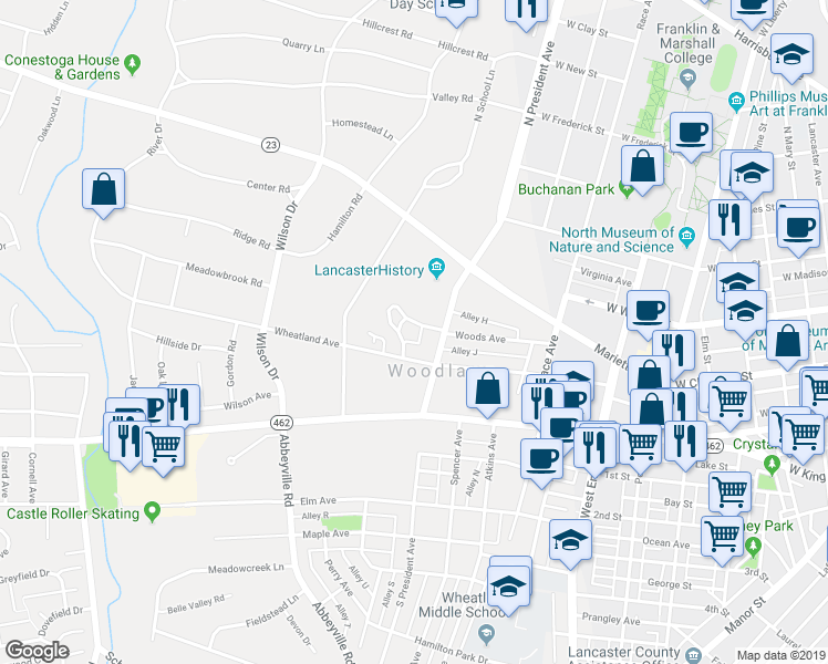 map of restaurants, bars, coffee shops, grocery stores, and more near 206 North President Avenue in Lancaster