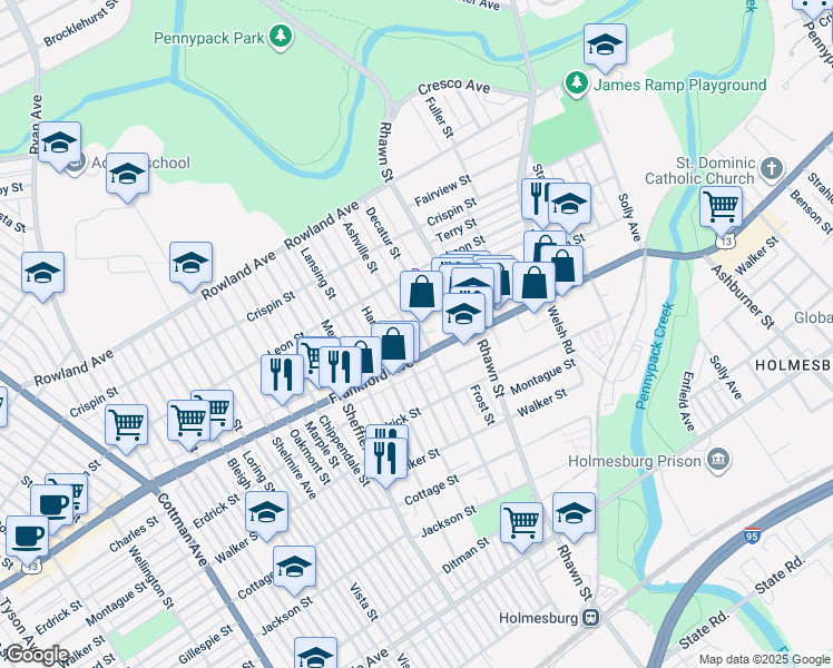 map of restaurants, bars, coffee shops, grocery stores, and more near 3614 Decatur Street in Philadelphia