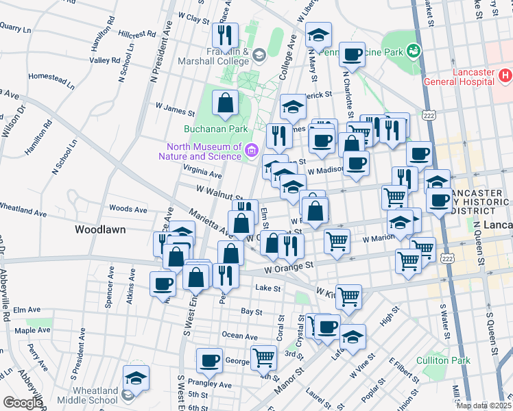 map of restaurants, bars, coffee shops, grocery stores, and more near 668 West Walnut Street in Lancaster