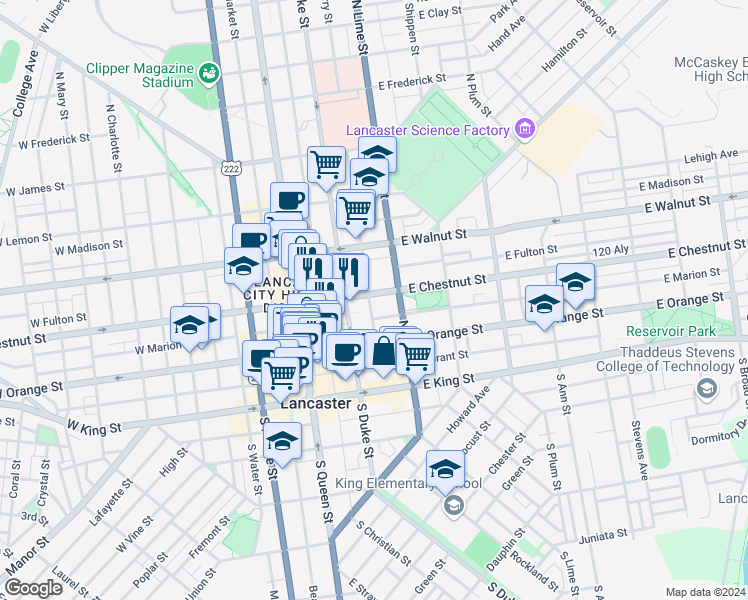 map of restaurants, bars, coffee shops, grocery stores, and more near 132 East Chestnut Street in Lancaster