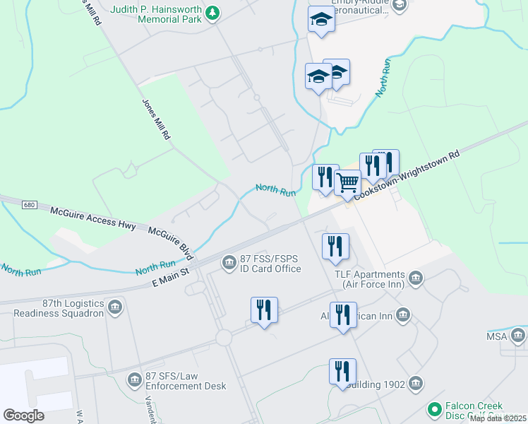 map of restaurants, bars, coffee shops, grocery stores, and more near in McGuire Air Force Base