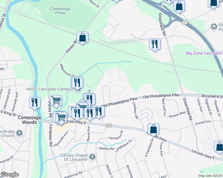 map of restaurants, bars, coffee shops, grocery stores, and more near 125 Highview Drive in Lancaster