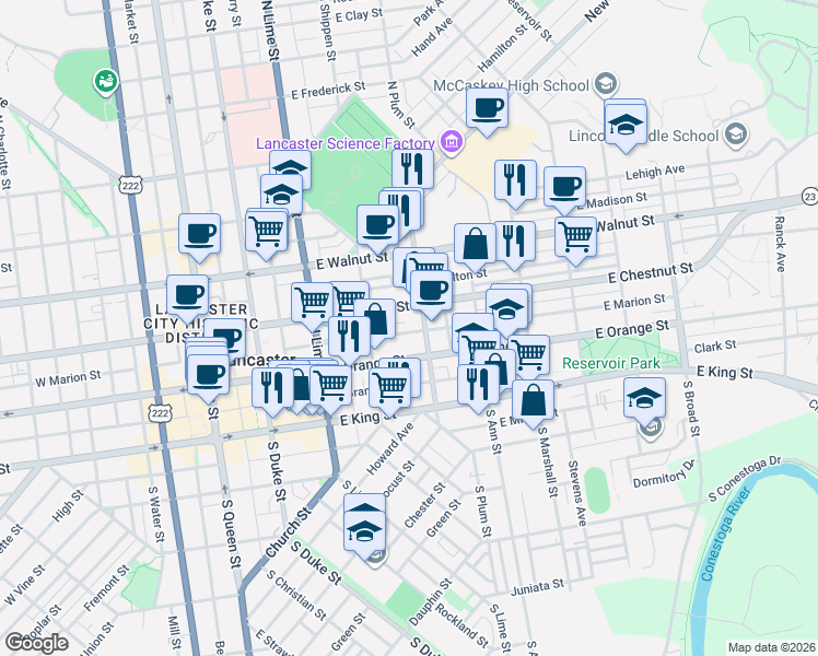 map of restaurants, bars, coffee shops, grocery stores, and more near 351 East Marion Street in Lancaster