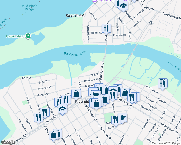 map of restaurants, bars, coffee shops, grocery stores, and more near 57 Polk Street in Riverside
