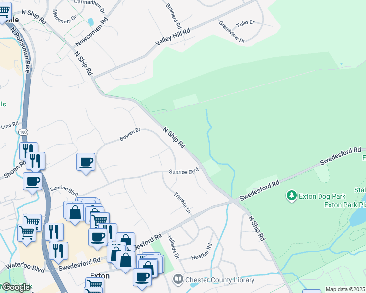 map of restaurants, bars, coffee shops, grocery stores, and more near 463 North Ship Road in Exton