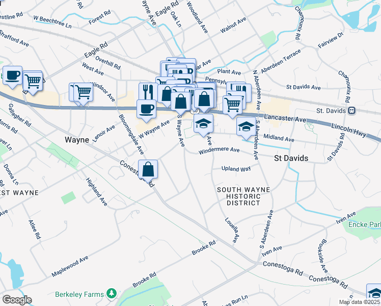 map of restaurants, bars, coffee shops, grocery stores, and more near 119 Windermere Avenue in Wayne