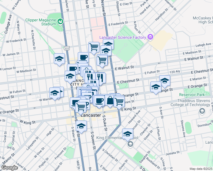 map of restaurants, bars, coffee shops, grocery stores, and more near 130 East Chestnut Street in Lancaster