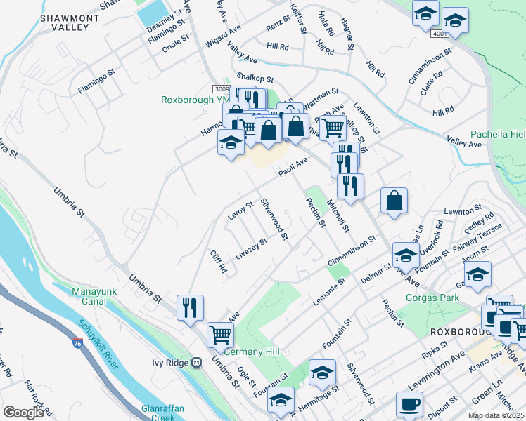 map of restaurants, bars, coffee shops, grocery stores, and more near 6960 Silverwood Street in Philadelphia