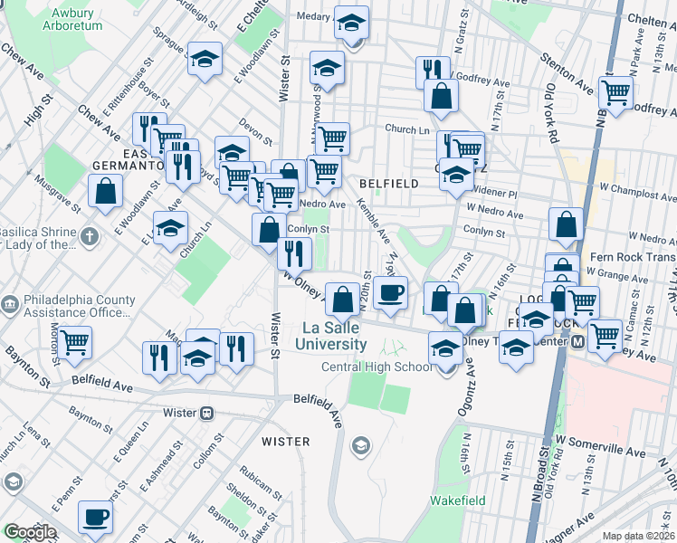 map of restaurants, bars, coffee shops, grocery stores, and more near West Chew Avenue in Philadelphia
