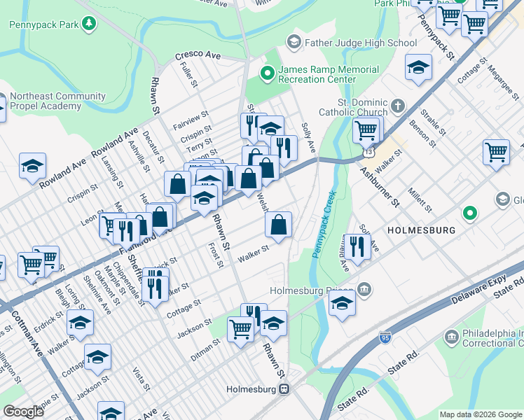 map of restaurants, bars, coffee shops, grocery stores, and more near 8066 Erdrick Street in Philadelphia