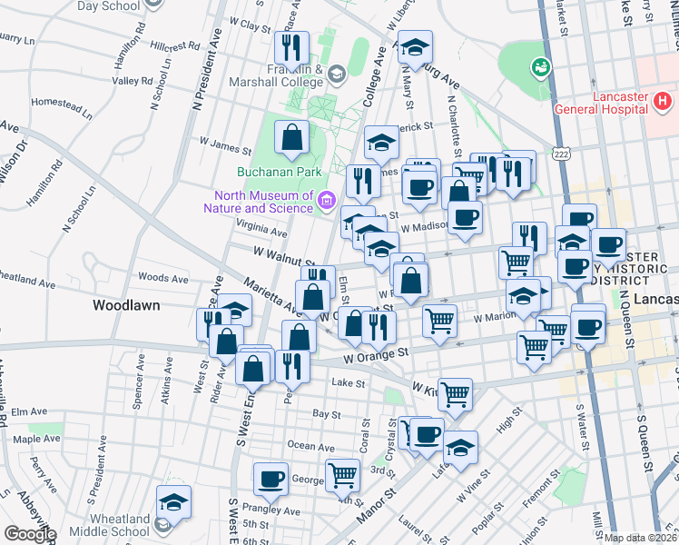 map of restaurants, bars, coffee shops, grocery stores, and more near 672 West Walnut Street in Lancaster