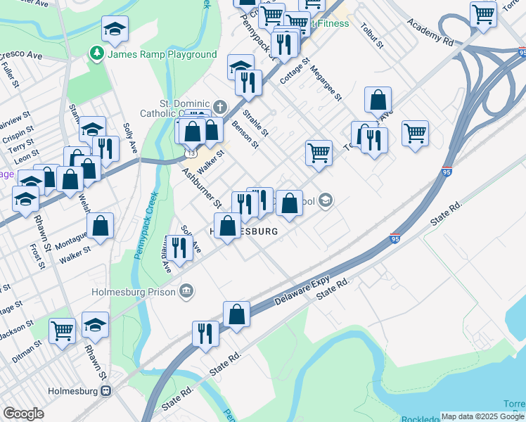 map of restaurants, bars, coffee shops, grocery stores, and more near 8430 Torresdale Avenue in Philadelphia