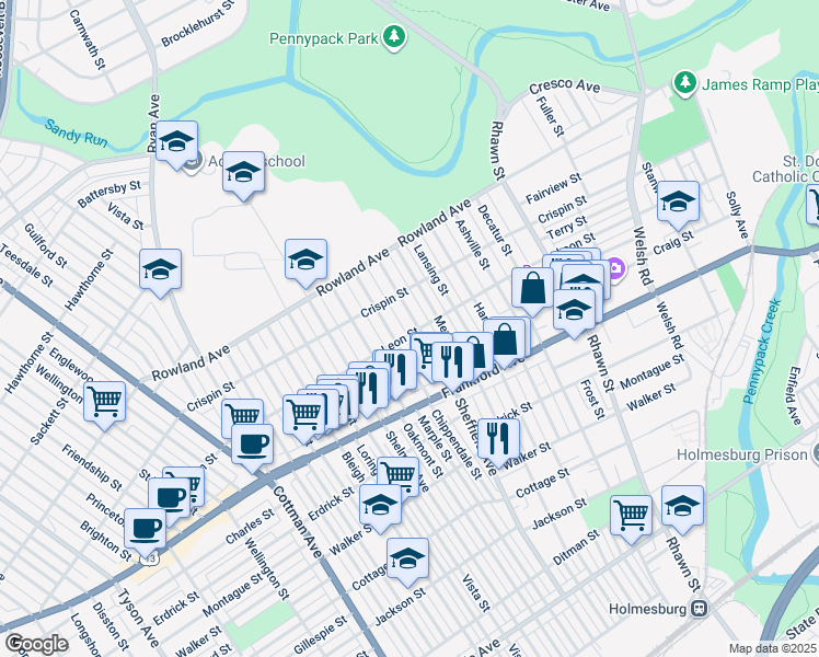 map of restaurants, bars, coffee shops, grocery stores, and more near 3507 Sheffield Avenue in Philadelphia