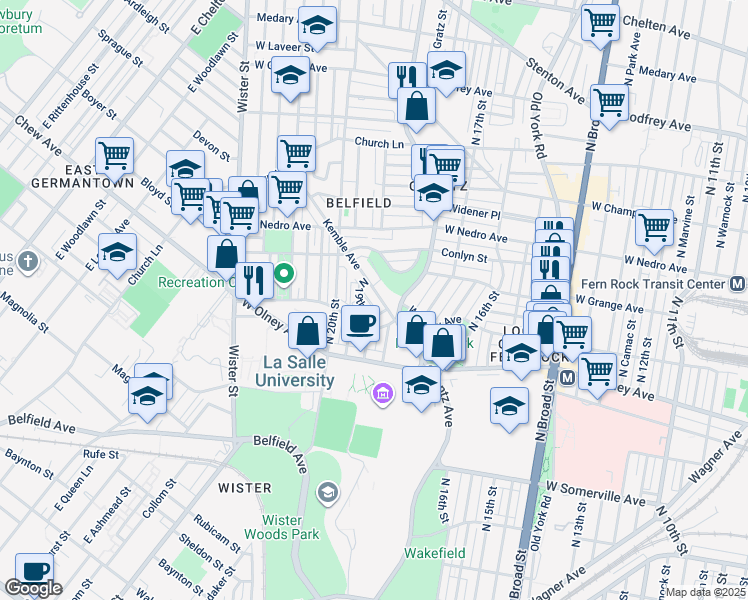 map of restaurants, bars, coffee shops, grocery stores, and more near 5736 Kemble Avenue in Philadelphia