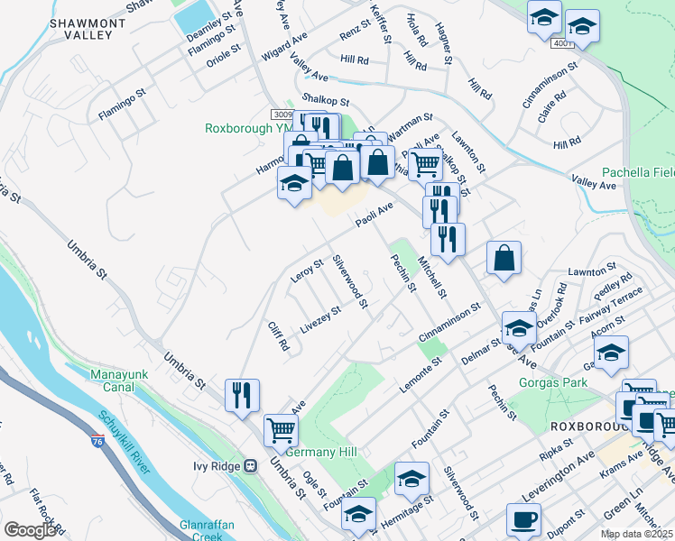 map of restaurants, bars, coffee shops, grocery stores, and more near 6960 Silverwood Street in Philadelphia