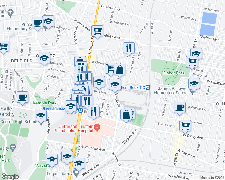 map of restaurants, bars, coffee shops, grocery stores, and more near 5815 North 12th Street in Philadelphia