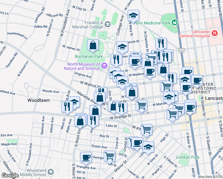 map of restaurants, bars, coffee shops, grocery stores, and more near 640 West Walnut Street in Lancaster