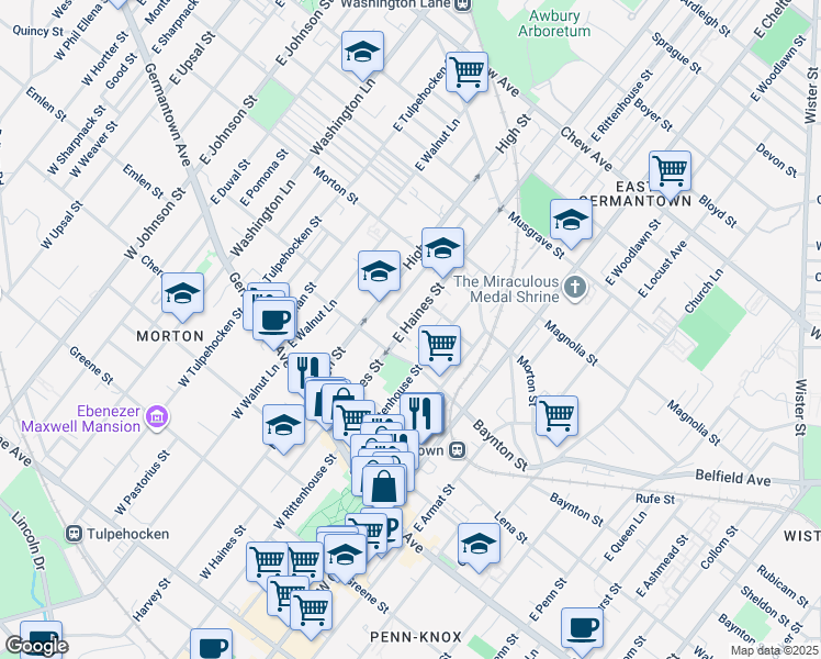 map of restaurants, bars, coffee shops, grocery stores, and more near 222 East Haines Street in Philadelphia