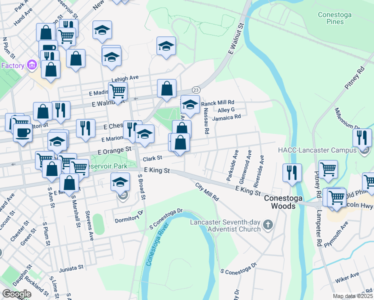 map of restaurants, bars, coffee shops, grocery stores, and more near 67 Ranck Avenue in Lancaster