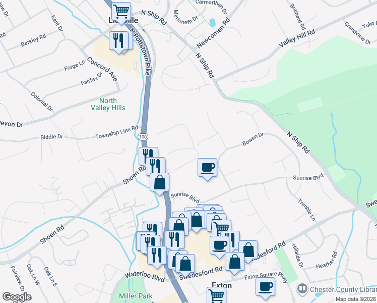 map of restaurants, bars, coffee shops, grocery stores, and more near 134 Sunnyhill Drive in Exton