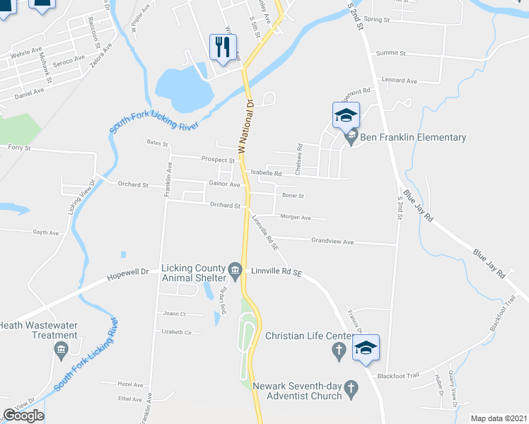 map of restaurants, bars, coffee shops, grocery stores, and more near 128 Morgan Avenue in Newark