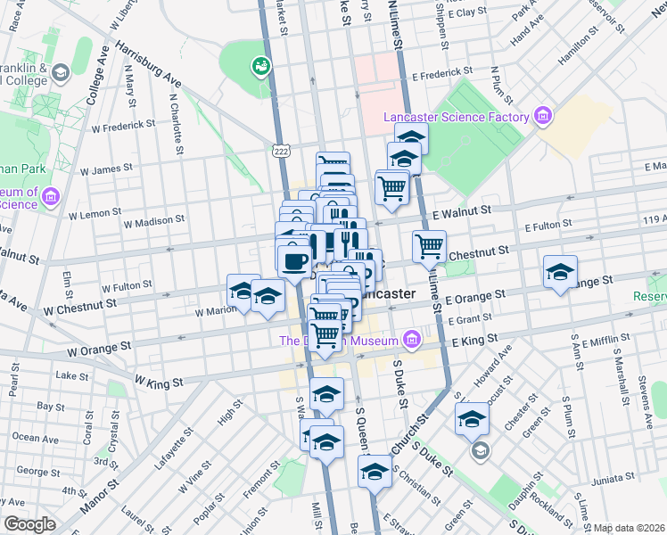 map of restaurants, bars, coffee shops, grocery stores, and more near 150 North Queen Street in Lancaster