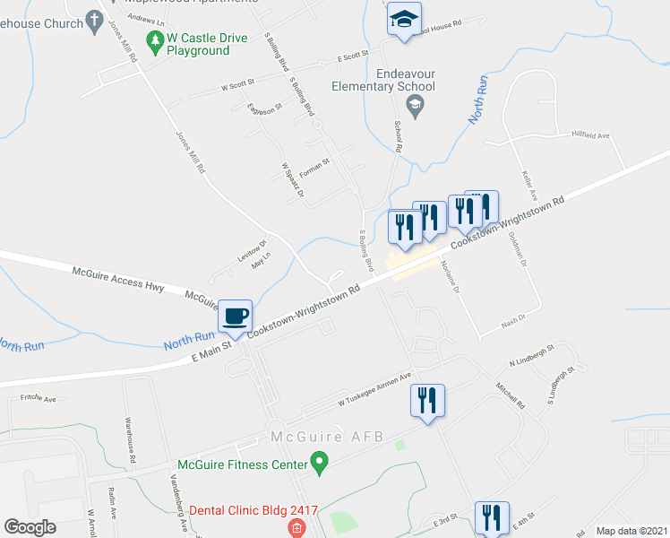 map of restaurants, bars, coffee shops, grocery stores, and more near 3700 Circle Drive in McGuire Air Force Base