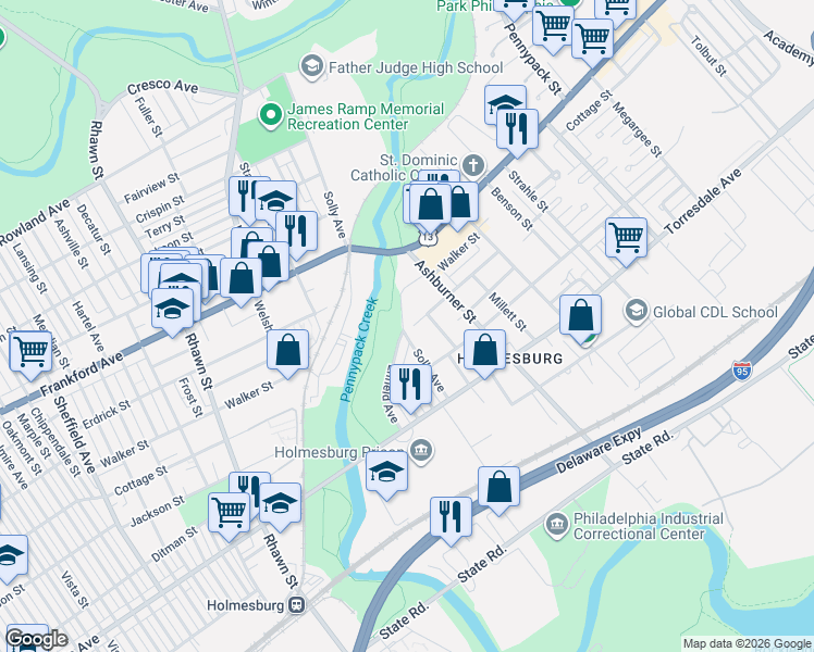 map of restaurants, bars, coffee shops, grocery stores, and more near 4401 Enfield Avenue in Philadelphia