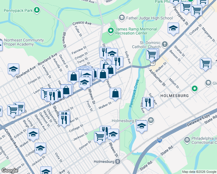 map of restaurants, bars, coffee shops, grocery stores, and more near 8066 Erdrick Street in Philadelphia