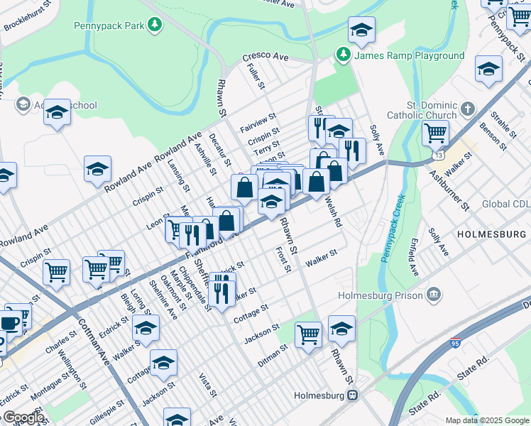 map of restaurants, bars, coffee shops, grocery stores, and more near 7933 Frankford Avenue in Philadelphia