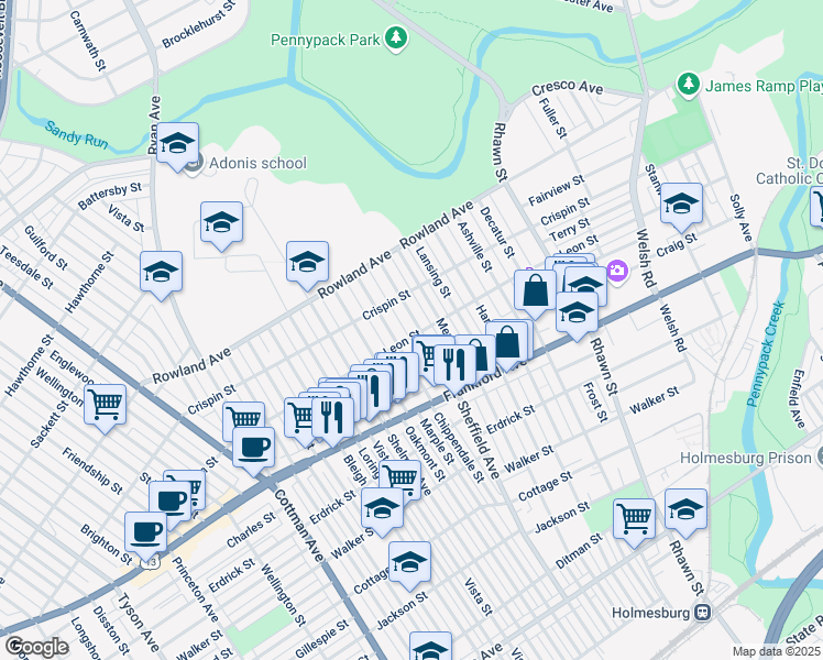map of restaurants, bars, coffee shops, grocery stores, and more near 3507 Sheffield Avenue in Philadelphia