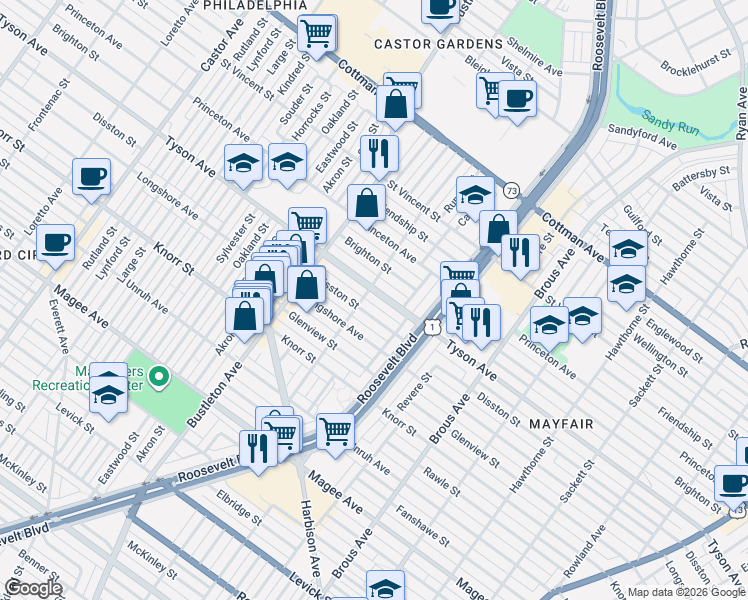 map of restaurants, bars, coffee shops, grocery stores, and more near 2200 Disston Street in Philadelphia