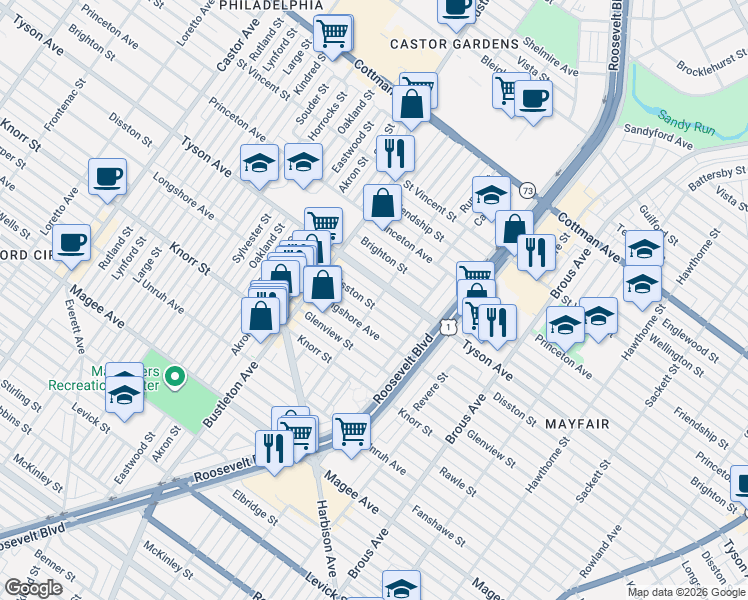 map of restaurants, bars, coffee shops, grocery stores, and more near 2200 Disston Street in Philadelphia
